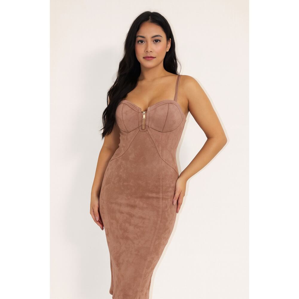 Suede look bodycon midi dress taupe size small - Picture 2 of 6